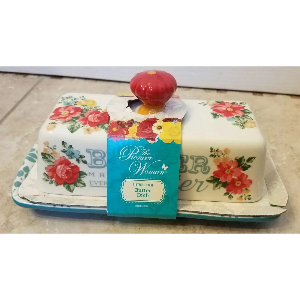 The Pioneer Woman Vintage Floral Teal Butter Dish Para Mantequilla NEW